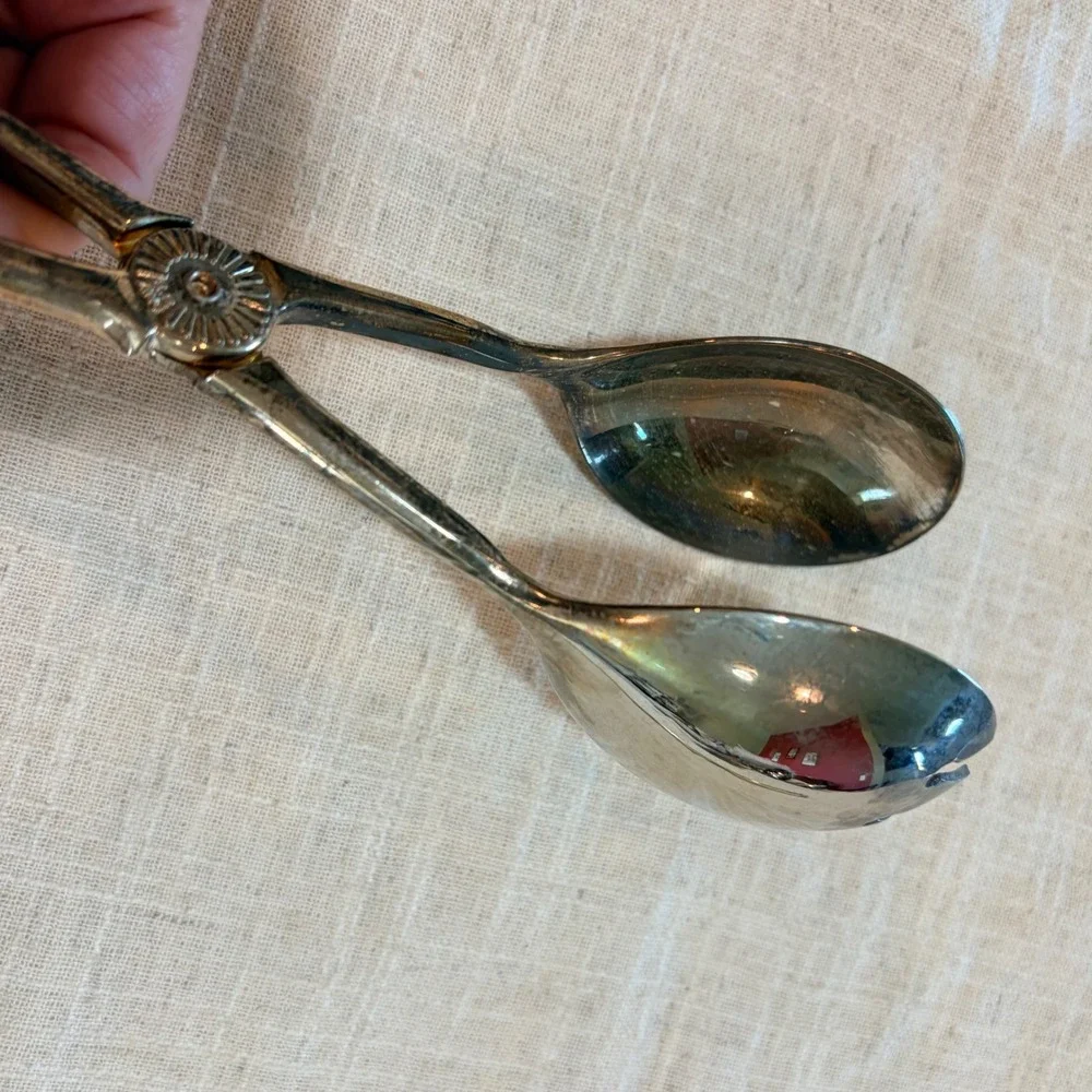 Vintage Silver Plate Scissor Serving Tongs‎ E.P. Zinc Sunburst Hinge 10.75 Inch